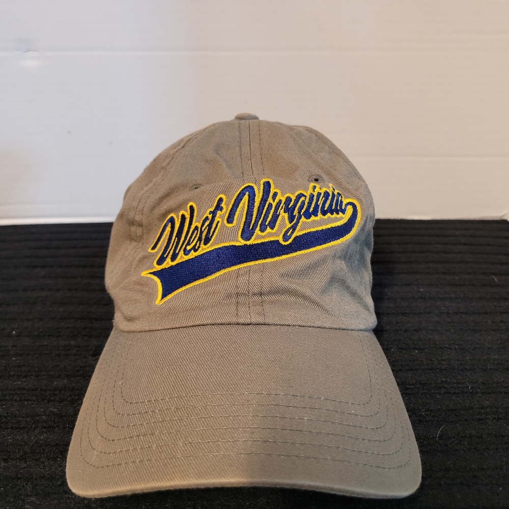 unisex West Virginia Script Baseball Cap - Khaki with Blue & Yellow Embroidery